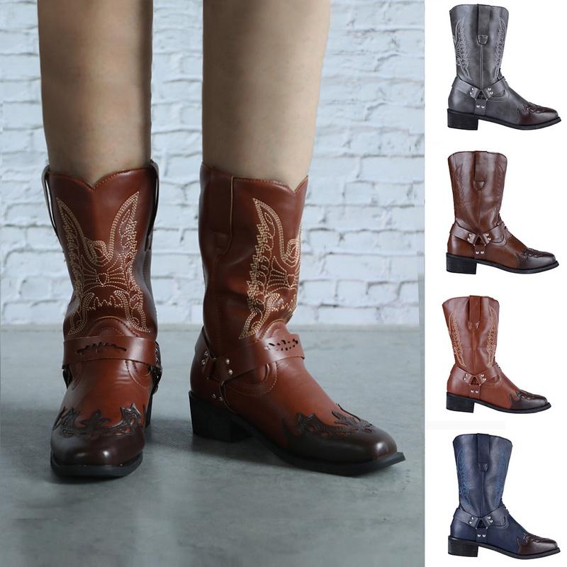 

2020 Autumn Winter Women Boots Fashion Vintage Long Boots Causal Embroidery Leather Med Heel Western Cowboy Women, B-camel