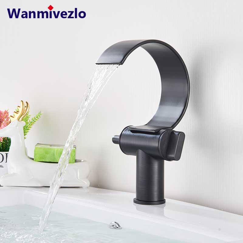 

Copper Single Hole Dual Handles Hot and Cold Basin Mixer Faucet Creative Waterfall Water Outlet Bathroom Vessel Sink Mixer Taps