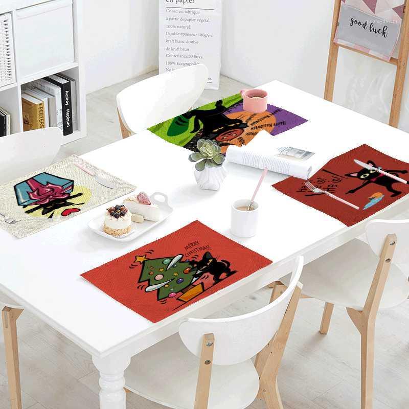 

Personalized Black Cats Printed Pattern Table Mats Christmas Tree Table Napkins Placemat Kitchen Decor Dining Accessories1