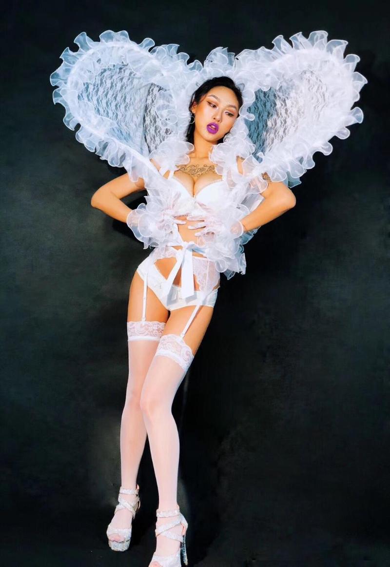 

White Sexy Love Backplane Bikini Stage Wear Women Dance Team Performance Costume Bar Nightclub Party Dance Outfit, As pic