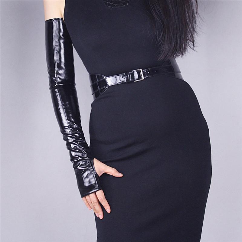 

Five Fingers Gloves 60cm Extra Long Fingerless Patent Leather Bright Emulation Sheepskin PU Black Touch Screen