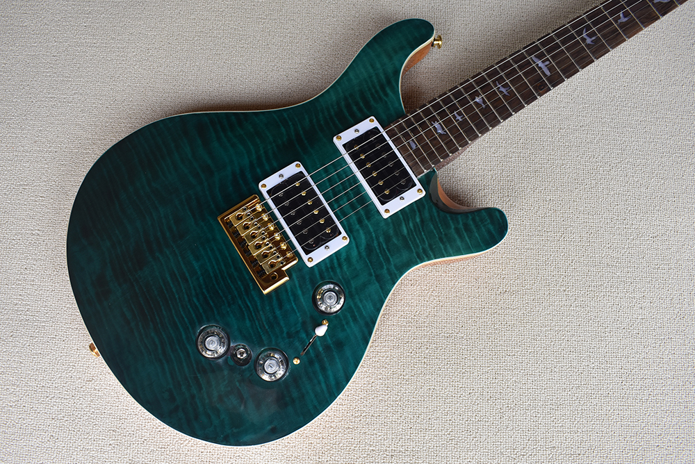 

Factory Custom Dark Green Electric Guitar With Gold Hardware,Birds Fret Inlay,Flame Maple Veneer,Can be customized