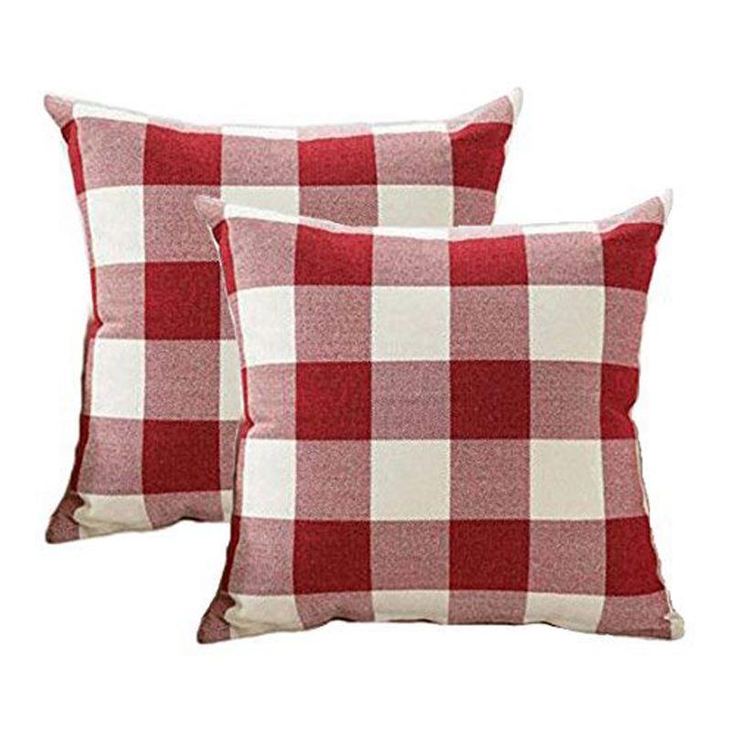 

Pillow Case Christmas Throw Covers 18x18 Inch Red White Check Plaid Cushion Cotton Linen Farmhouse Decorative For Sofa,, As shown