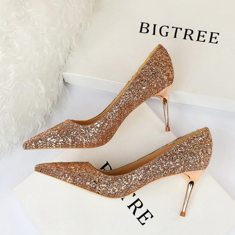 

2021 New Spring Women Pumps High Thin Heels Pointed Toe Sexy Bling Bridal Wedding Women Shoes High Heels1, Champagne9.5cm