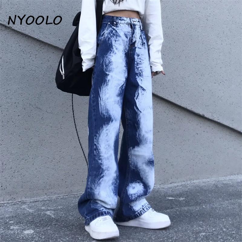 

NYOOLO Casual Streetwear Bleached High Waist Full Length Washed Jeans Women Straight Boyfriend Denim Pants Vaqueros Mujer, Blue