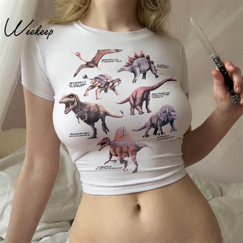 

Weekeep Women White Cartoon Character Print t shirt Cropped Bodycon O-neck Short Sleeve t-shirt 2019 Summer Streetwear Crop Top Y200412