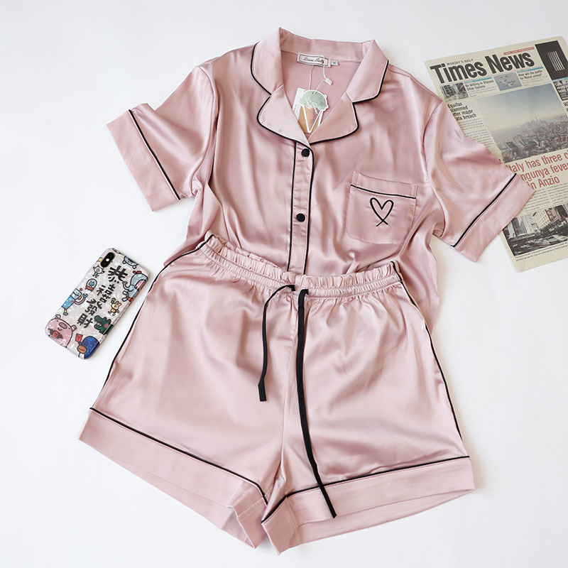 

Daeyard Silk Pajamas for Women Short Sleeve Loungewear Satin Pyjamas Femme Sexy Pijama Sleepwear 2Pcs Pj Set Nightwear Homewear T200701, Blue