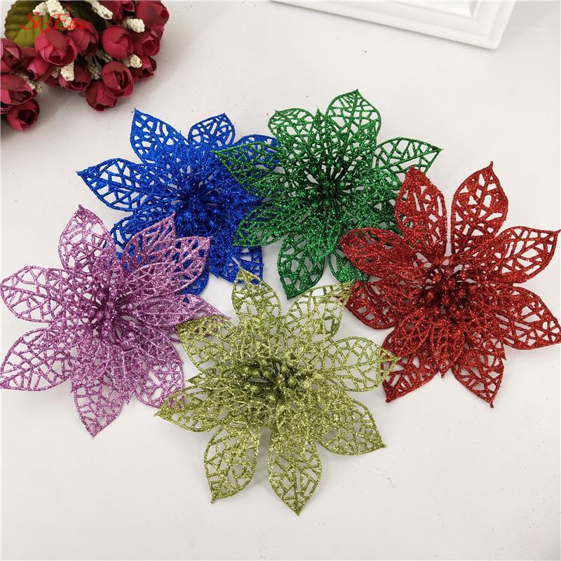 

10pcs 15cm Christmas Plastic Flower Christmas Tree Decorations Wedding Party Glitter Hollow Home Decoration 8Z1
