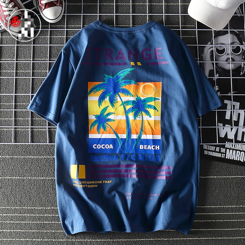 

2021 New Printing Cotton Male Hip Hop Shirt Streetwear Letter Summer Tops t Men's Women the Neck Couple Top of Coconut Tree WXWQ, Dark blue.