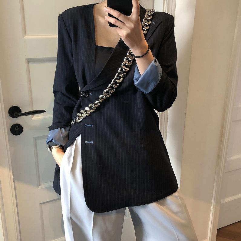 

2021 Spring New Trendy Suits Outwear Asymmetric Slant Black Women Blazer Korea High-quality Stripes Loose Ladies Coat, Picture color