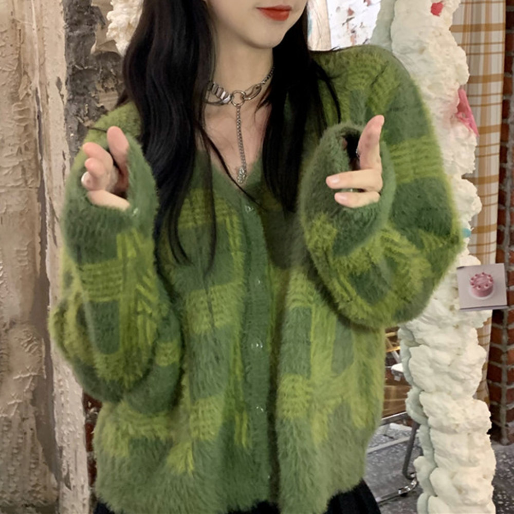 

2021 Women's Blouse Cardigan New Green Fashions Chess Soft Female Street Warm Winter Outwear Casual Short Thin Jackets Zu3m