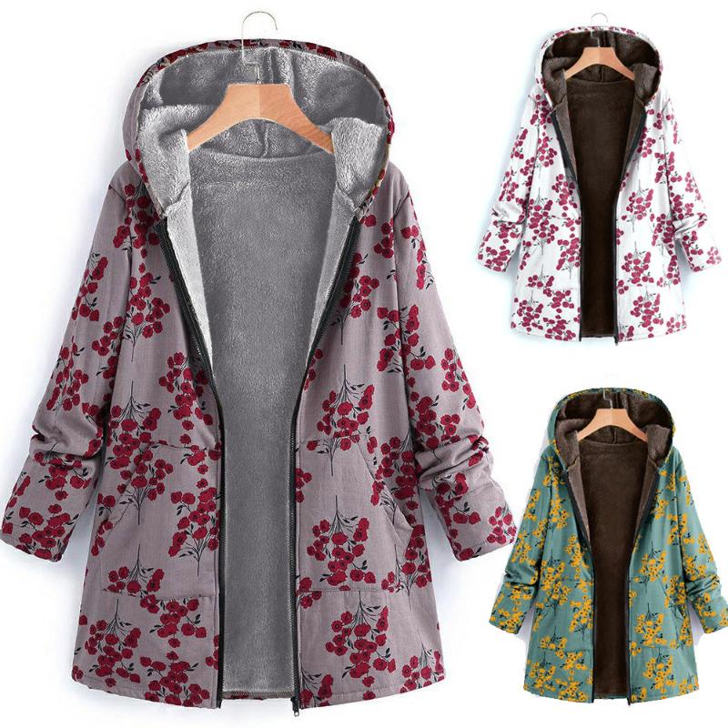 

Womail Coats and jackets women Autumn Winter Coats Casual Warm Outwear Floral Print Hooded Pockets zipper Vintage 5xl, White