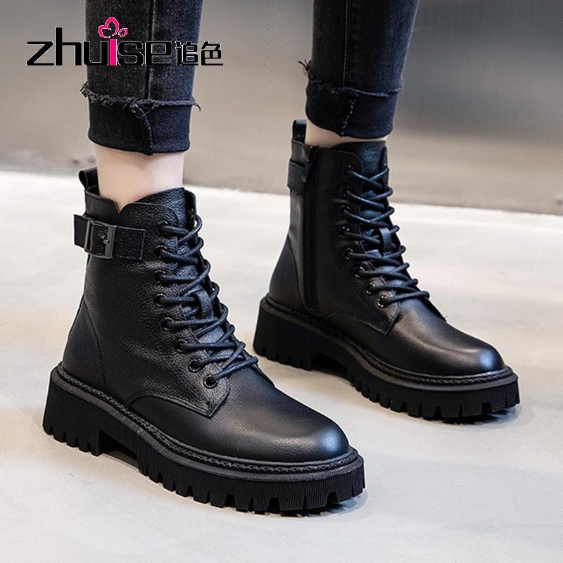 

Fashion Autumn Cow Leather Shoes Women Boots Lace Up Platform Motorcyle Boots Side Zipper Booties Female Ankle Shoes Woman, Plush