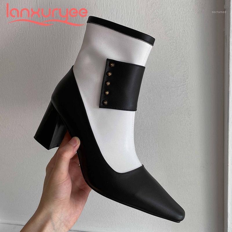 

Lanxuryee simple style real cow leather mixed colors rivet decorations square toe thick high heel zipper catwalk ankle boots L241, Brown