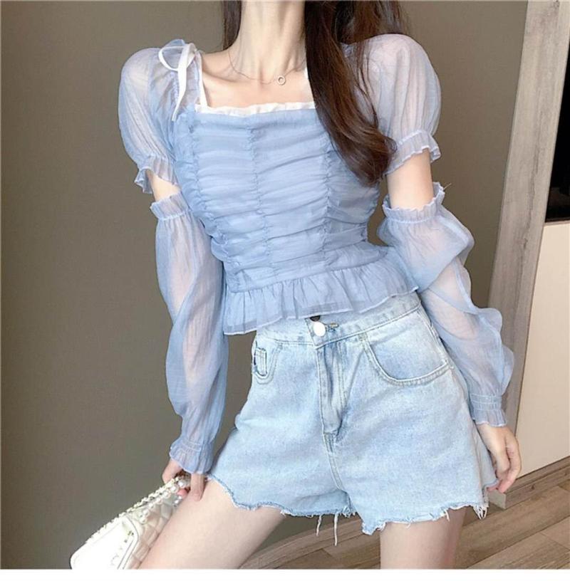 

Square Collar Ruched Sexy Blouse Shirts Female See Through Mesh Top Fashion Long Sleeve Crop Tops Shirt, Sky blue