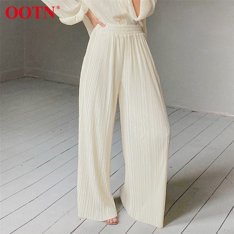 

OOTN Khaki Pleated Wide Leg Pants Women Trousers Elegant Casual Palazzo Pants Elastic High Waist Ruched Oversized Pants Ladies 201031, Blouse