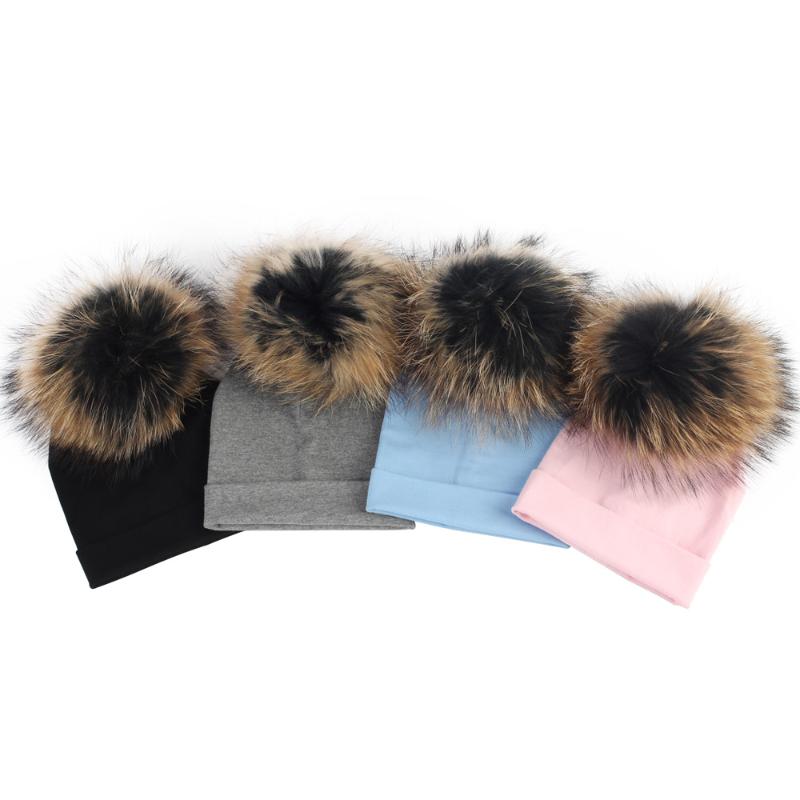 

Newborn Baby Beanies Hats Real Fur Pompon Skullies for Baby Girls Boys Kids Soft Plain Cotton Beanies Warm Hat Caps Beanie Hat, Black
