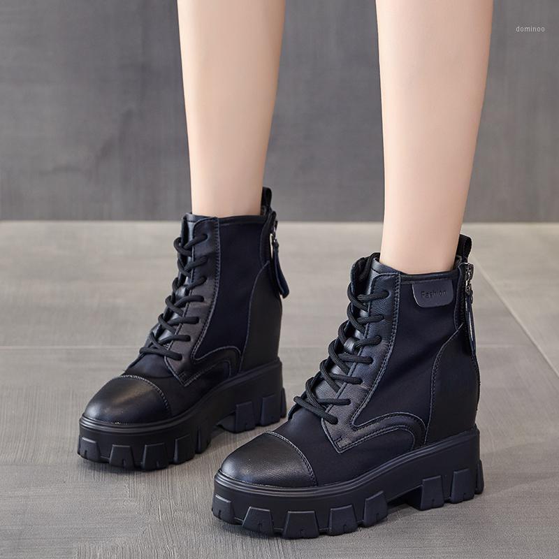 

2020 Winter Fashion Women's Boots Lace Up Round Head Women's Black Boots 6CM High Heel Thick Bottom PU Women Shoes1
