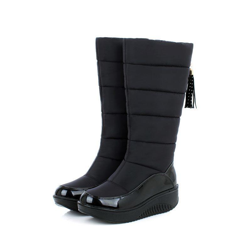 

boots Snow for women shoes platform patent leather high quality tassel footwear cotton mid calf winter boots size 35-44, Black 1