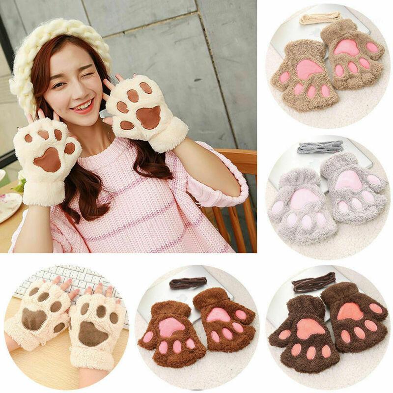 

New Women Cute Cat Claw Plush Mittens Warm Soft Plush Short Fluffy Bear Cat Gloves Costume Half Finger Black Beige1