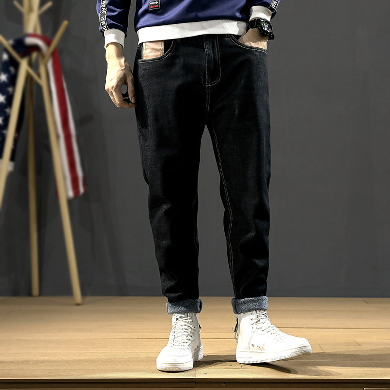 

2021 New Newly Vintage Designer Fashion Men Jeans High Quality Black Loose Fit Denim Harem Pants Streetwear Hip Hop Velvet Warm Trousers Je7