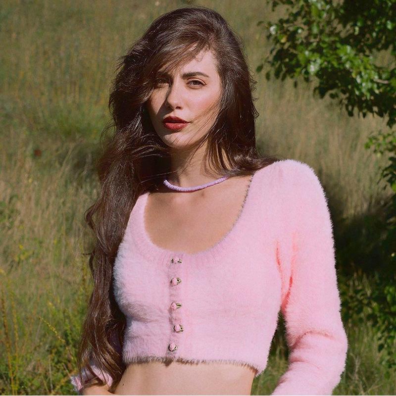 

New Style Women Early Autumn Sweet Pink Fluffy Mink Cashmer O Neck Knitted Short Sweater Coat Navel Exposed Sexy Cuasal Cardigan