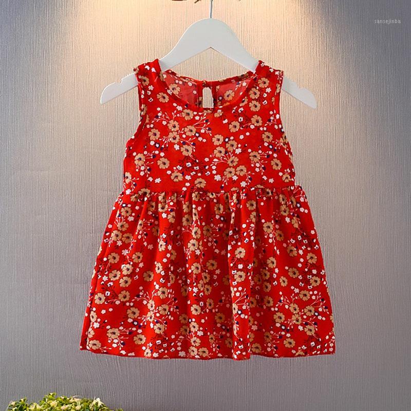 

Kid Girl Dress Without Sleeve Floral Print Hollow-carved Design Bow Tie Classic Round Neck Summer Vest Dress1, Red