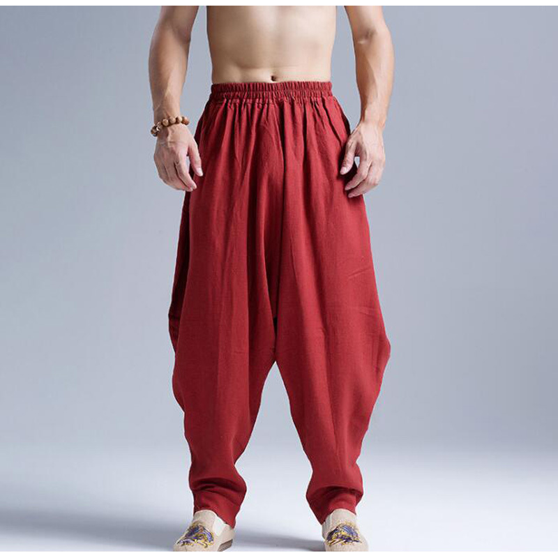 

2021 New Man Casual Linen Hip Hop Hare Baggy Pants Elastic Waist Tapped Broad Leg Corridors 9vxa, Black