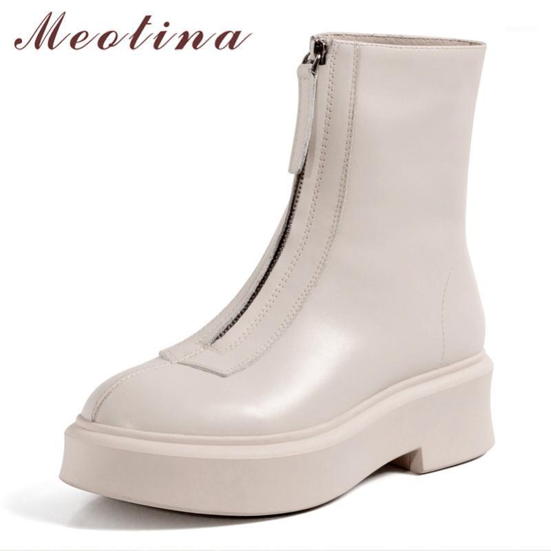 

Meotina Platform Med Heel Women Boots Real Leather Ankle Boots Thick Heel Shoes Zip Female Short Autumn Winter Big Size 401, Beige velvet lining