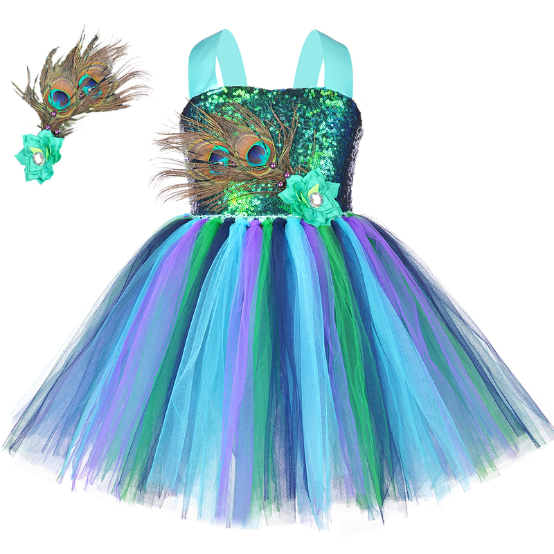 

Flower Feathers Girls Peacock Tutu Dress Kids Tulle Princess Peacock Costume for Girls Pageant Halloween Birthday Party Gown 220309, Only 1pcs dress