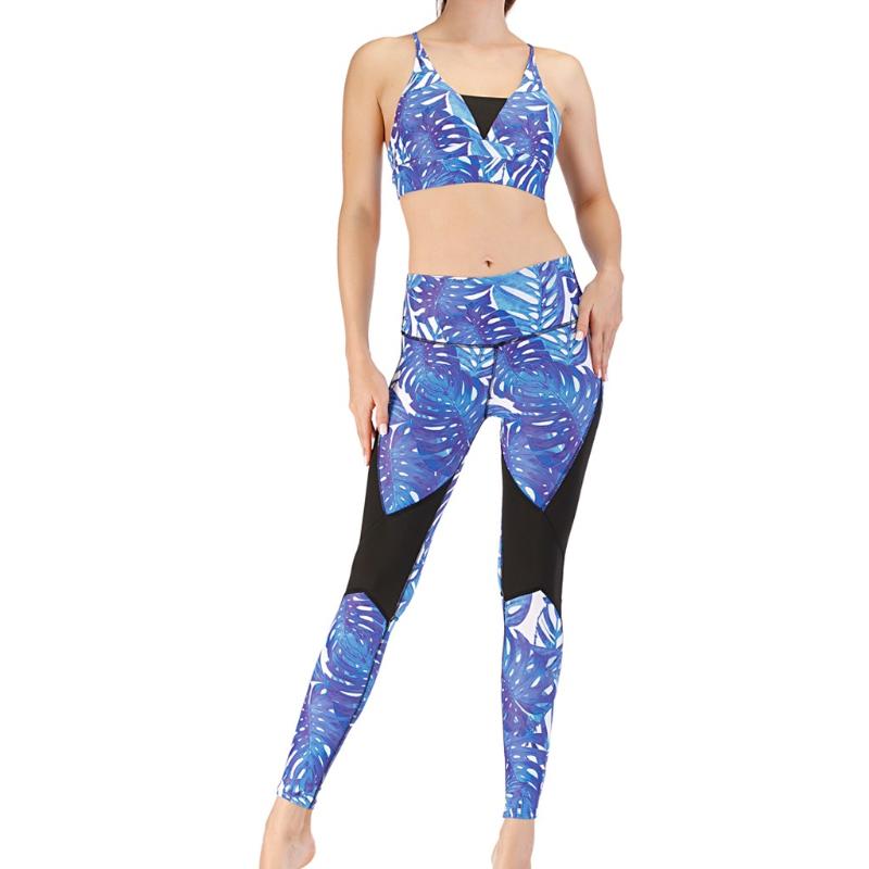 

2pcs Women Sports Set For Fitness Yoga Running Gym Sports Bras & Leggings High Stretch Yoga Suits Quick Dry Printed Sets#Y2, Blue