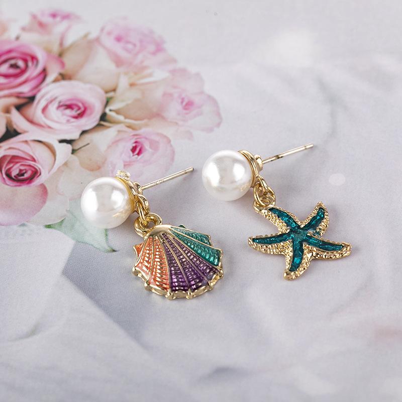 

Stud RUANME A Pair Of Earrings Drop Glaze Blue Sea Star Fashion Color Shell Earring Metal Geometry Pearl Jewelry