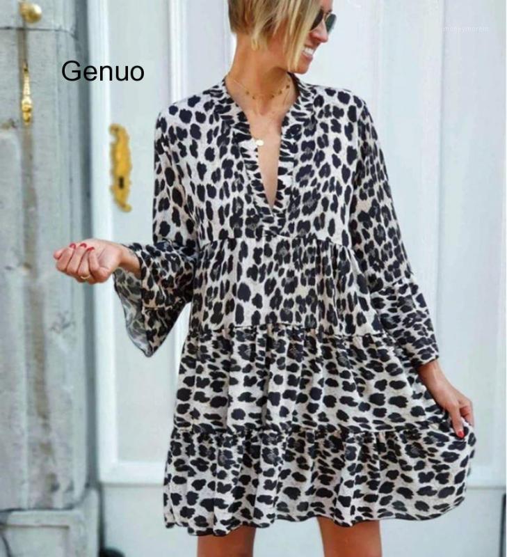 

Big Size Ladies Dress Leopard Print High Waist V-neck Bell Sleeve Summer Beach Short Dresses Vestido Con Estampado De Para Mujer1, White