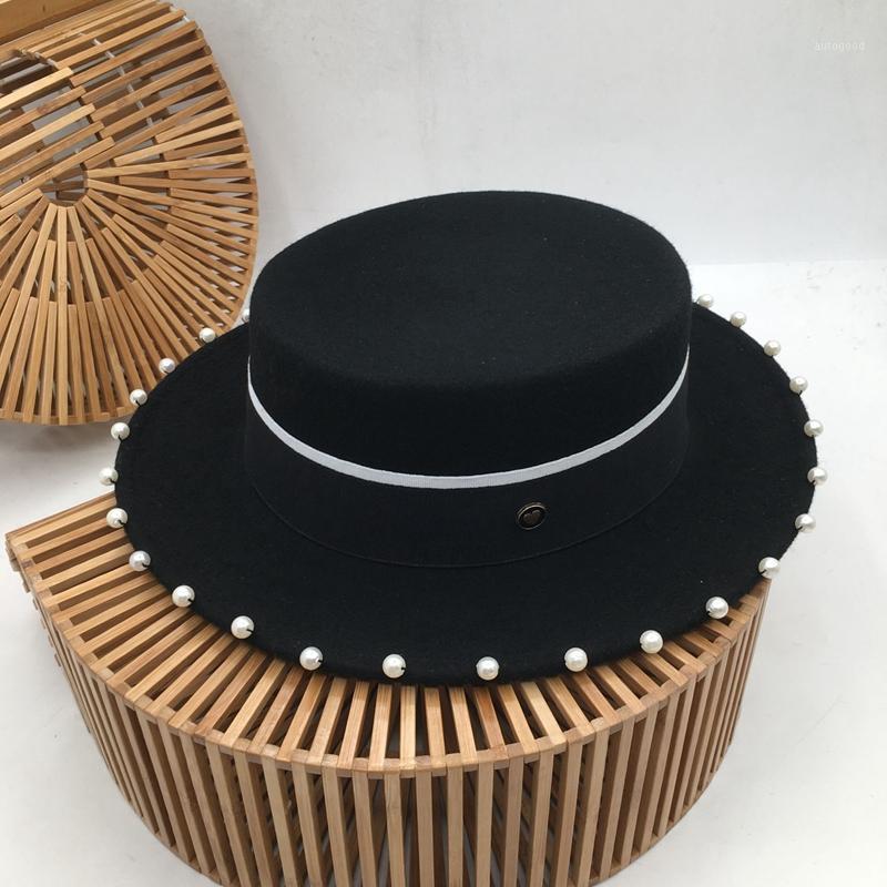 

Stingy Brim Hats Winter Wool Flat Hat English Elegant Pearl Eaves Warm Small The Wind Restoring Ancient Ways Han Edition Fedoras Panama1, Black