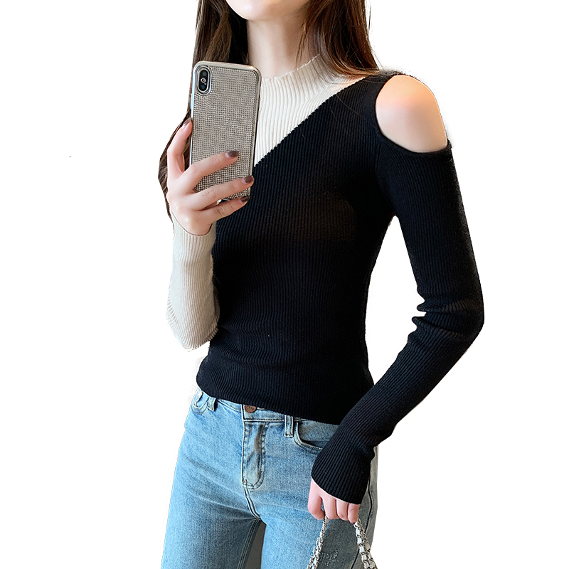 

2021 New Autumn Winter Women Sweater High-necked Undershirt Women's Stand-up Collar Off-shoulder Contrast Stitching Fashion Pullover A55 Siv, Gray with black