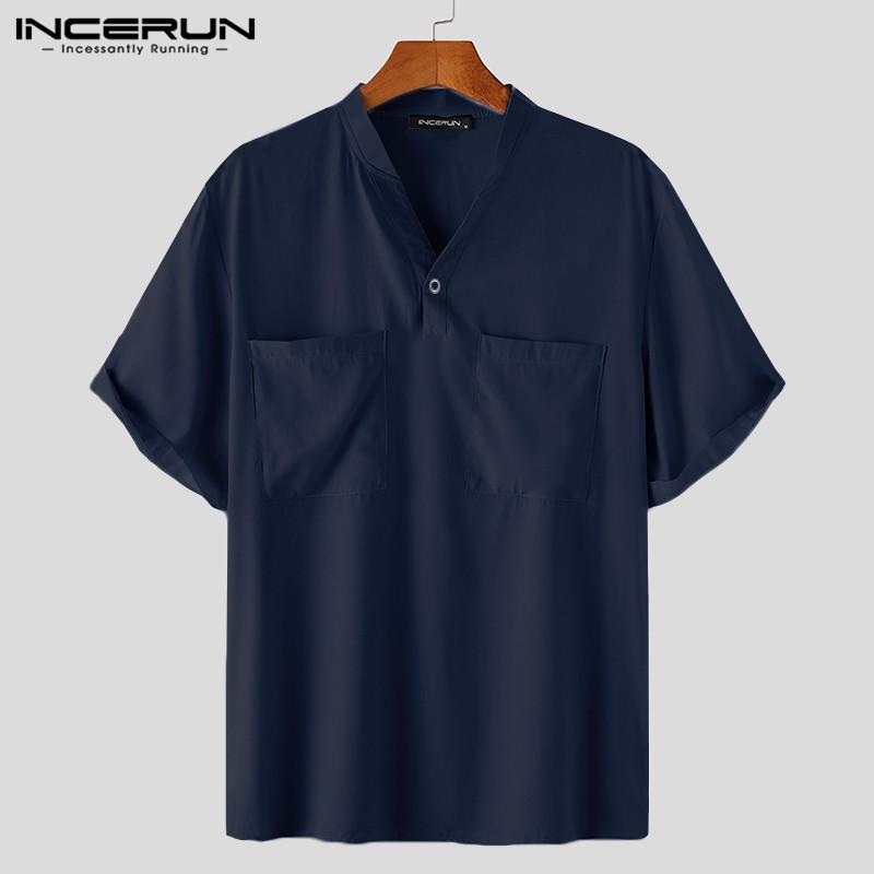 

INCERUN Man Loose Brand Shirt Masculina Vintage Men Shirts Casual Solid Color Multi Pocket Camisa Short Sleeve V Neck Blouse 5XL, Dark blue