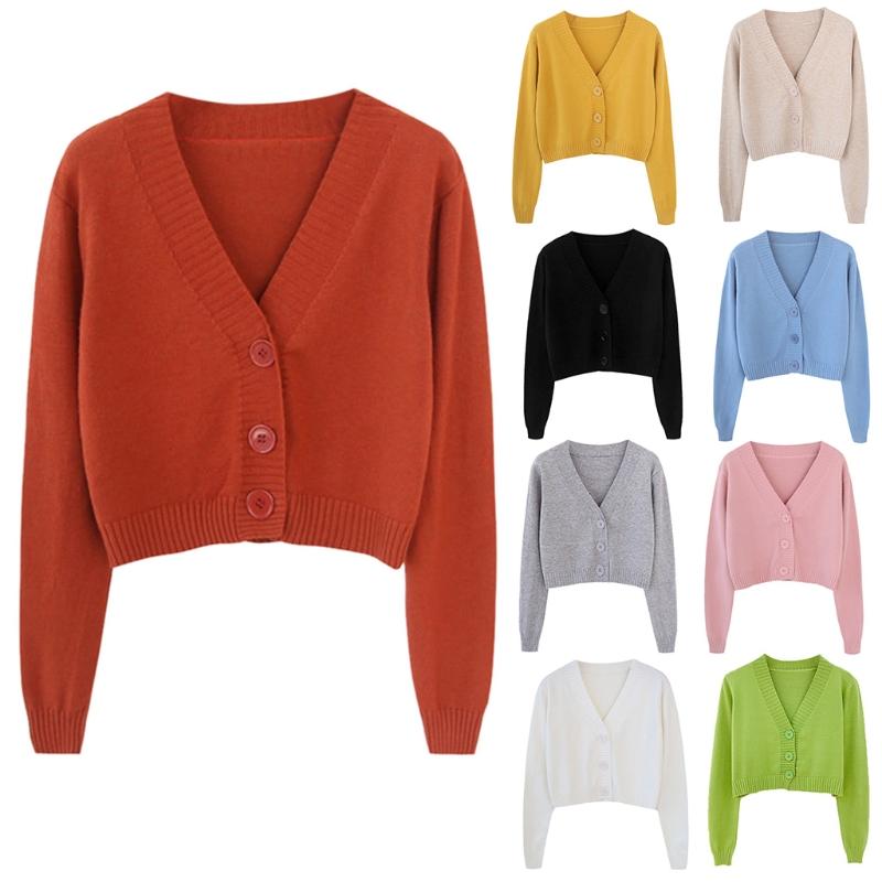 

Women Autumn Long Sleeve Sweater Cardigan Sexy V-Neck Button Down Cropped Jacket Sweet Solid Candy Color Loose Knitted Outwear, Black
