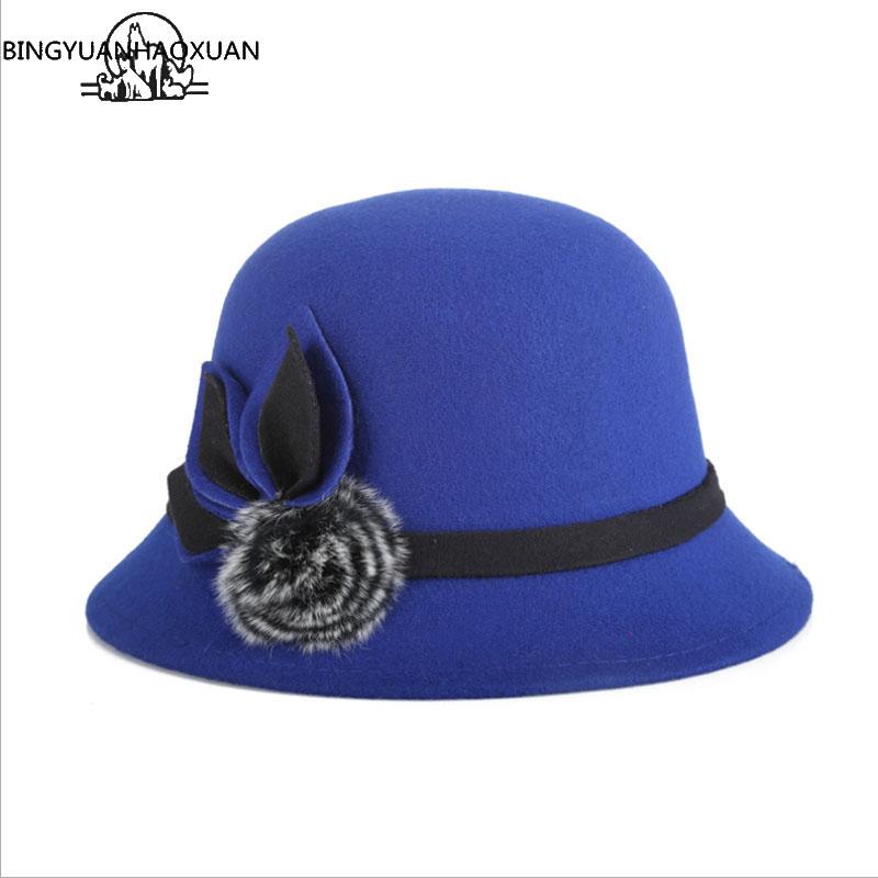 

Wide Brim Hats BINGYUANHAOXUAN Autumn Winter Woolen Felt With Flower For Women Elegant Female Raw Anti-wool Hat Bones, Red