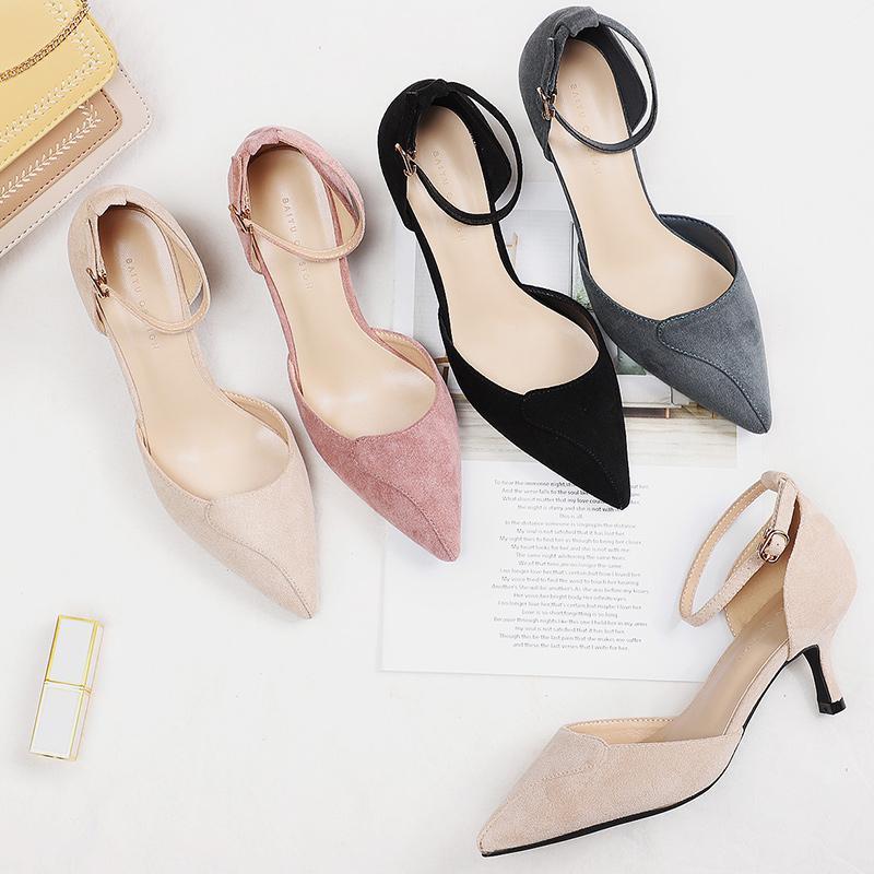 

Shoes Woman Heels 2020 Faux Suede Thin High Heels Pointed Toe Ankle Strap Cover Office Ladies Work Career Pumps Sandals1, 165-1-pink