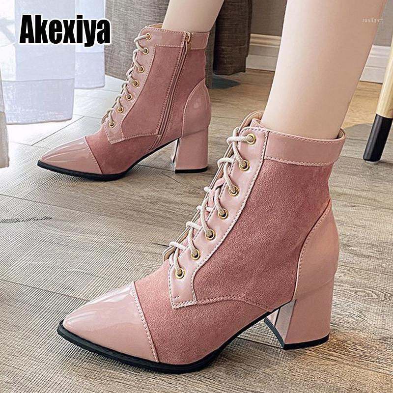 

Ankle Boots Women Fashion Pointed Toe High Heel Shoes Winter Ankle Boots Lace up zip Ladies Shoes black pink w0781