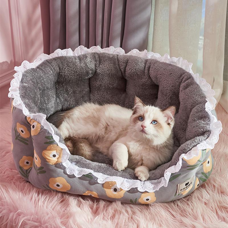 

Cat Lace Bed Plus Cashmere Winter Warm Removable and Washable All Seasons General House Villa Bed House Kennel Pet Cat Supplies