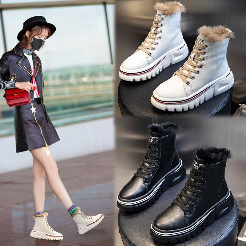 

Y67 Real Fur Boots Women Winter Ankle Boots Flat Casual Genuine Leather Woman Thick Bottom Plus Velvet Botas Mujer, Black velvet