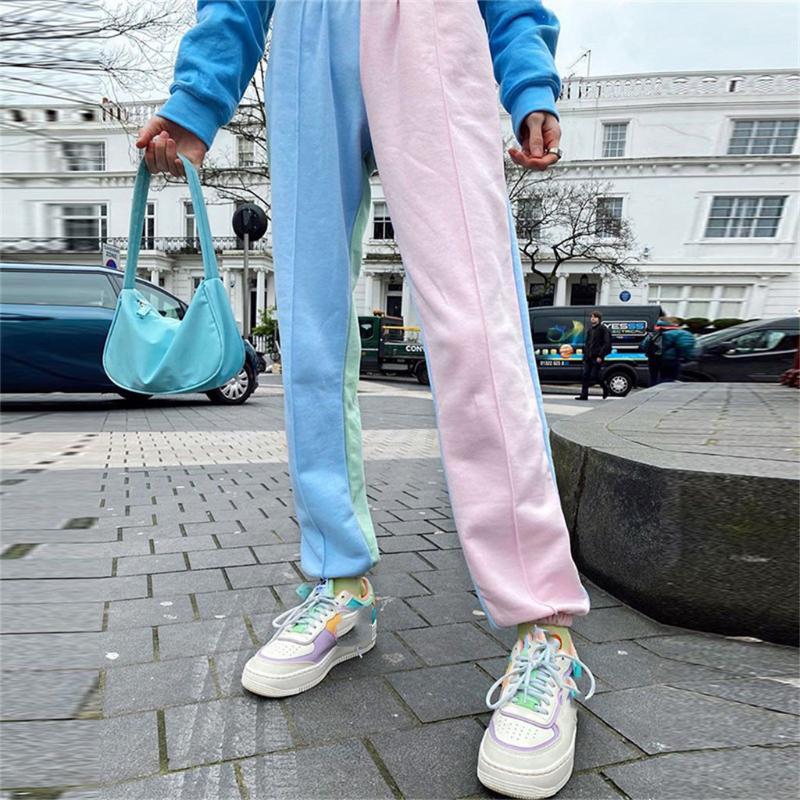 

Stitching Contrast Cargo Pants Women Loose Hight Waist Patchwork Trousers Elasticity Sportpants Mujer Sweatpants Women#3, Pink