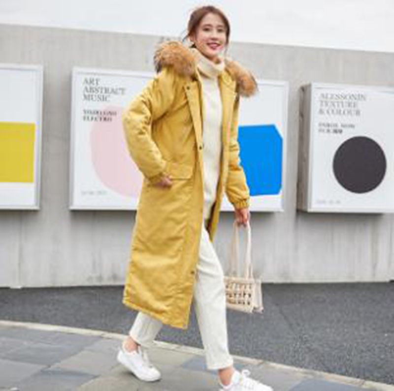 

Wholesale women's winter big fur collar over the knee to keep warm fashion mid-length pie to overcome the thick down padded jacket, Coffee