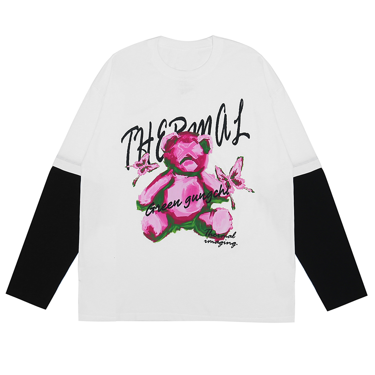 

2021 New Streetwear Bear Butterfly Print Long Sleeve Shirts Fake Two Oversized Tshirts Hip Hop Harajuku t Shirt Casual Autumn Tops Tees Jmty, White