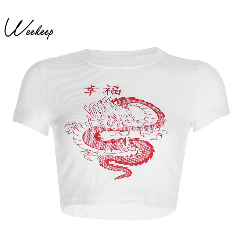 

Weekeep Chinese Style Dragon Printed Short Sleeve t shirt Women O-neck Sexy Cropped tshirt Women White Streetwear Crop Top Y200109