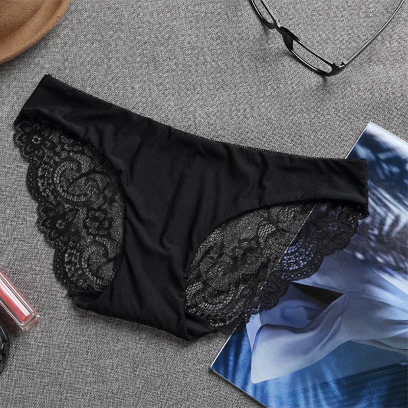 

Okwish Cotton cloth sexy lace ladies low waist briefs double ice silk seamless breathable underwear women panties 4 colors, Black