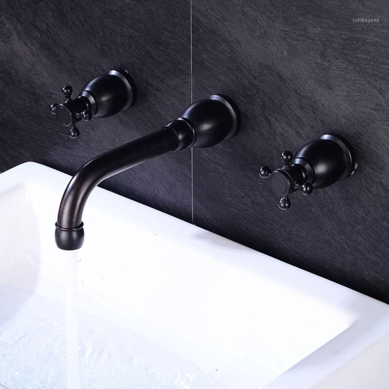 

Basin Faucets Wall Mounted Brass Bathroom Sink Basin Mixer Tap Faucet New style 3 Pcs Black Faucet Dual Handle Sink Mixer Taps1