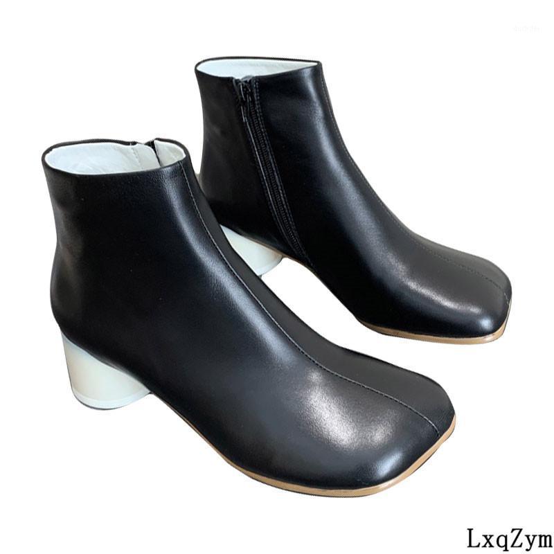 

Handmade Sheepskin Knight Boots For Lady New Design Female Square Toe Round Mid Heel Shoes Solid Black 34-401, As show