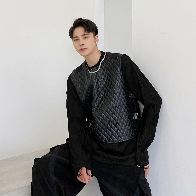 

Male Japan Harajuku Streetwear Black Punk Gothic Sleeveless Jacket Waistcoat Men Back Zipper Leather Vest Coat Outerwear, 2344